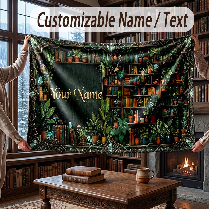 Nature Library Travel Theme Throw Blanket Custom Name Text Personalized Blanket Soft Cozy Blanket for Home Sofa Bed