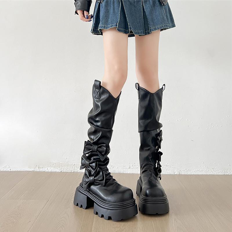 Fashion Vintage Height Increase Women Knee High Boots Fashion Butterfly-knot Ladies Thick Heel Long Knight Booties Autumn Winter