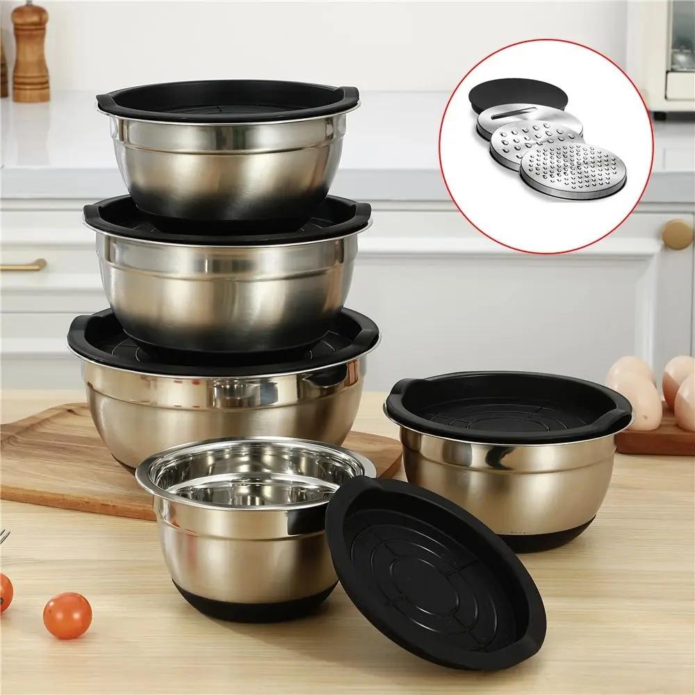 8PCS Set Stainless Steel Mixing Bowls Non-Slip Bottoms with Grater Baking Mixing Basin Kitchen Bowls Baking & Serving