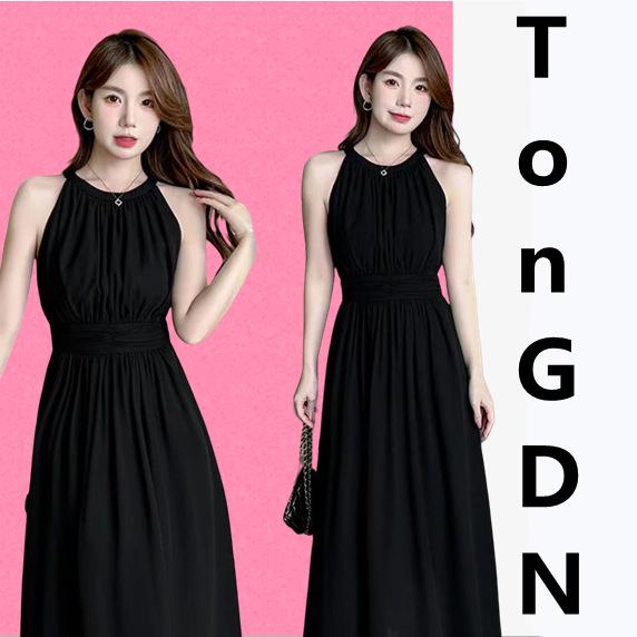 

Summer Korean Style Women s Black Hepburn-Inspired Waist-Cinched Slimming Mid-Length Camisole Dress S (for 70-95 lbs)