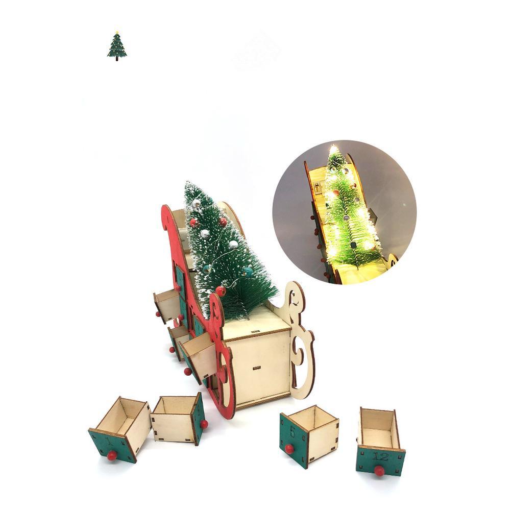 Christmas Wooden Advent Calendar, Countdown To Christmas With 24 Drawers, Sleigh Shape Christmas Tree DIY Advent Calendar With Lights