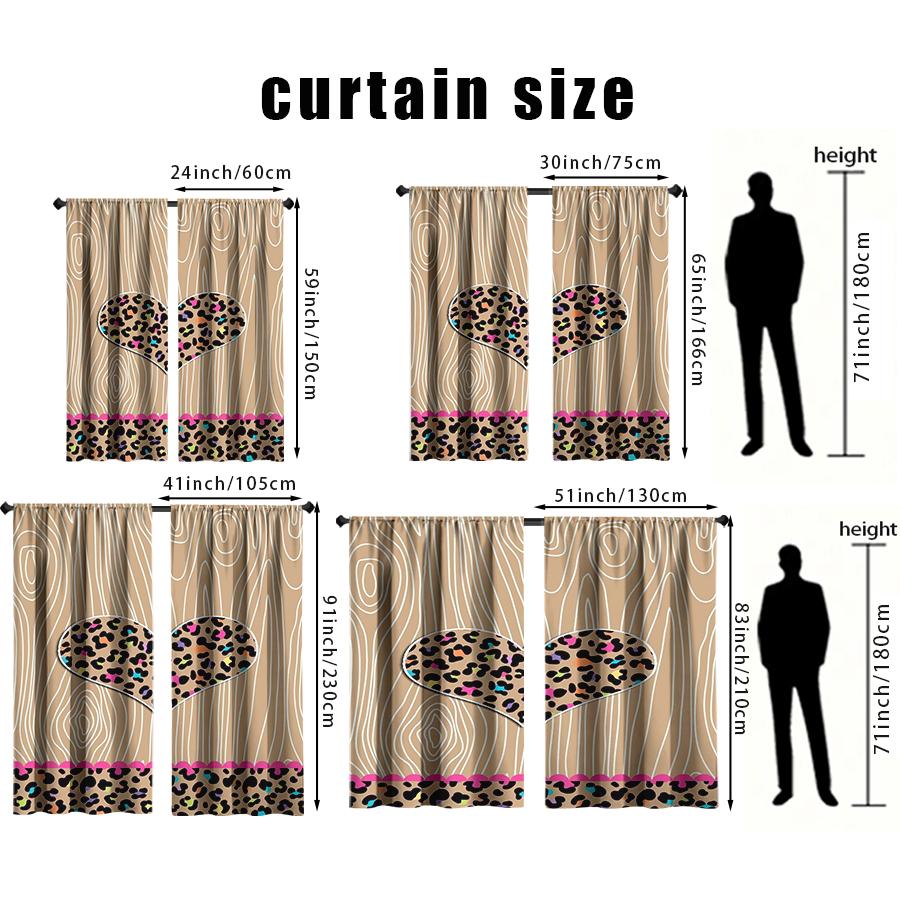 2er-Pack Stilvolle Holzmaserung und Buntes Leopardenherz Vorhänge Flaches 2D-Druckdesign Lichtfilternder Stoff Schlafzimmer Wohnzimmer