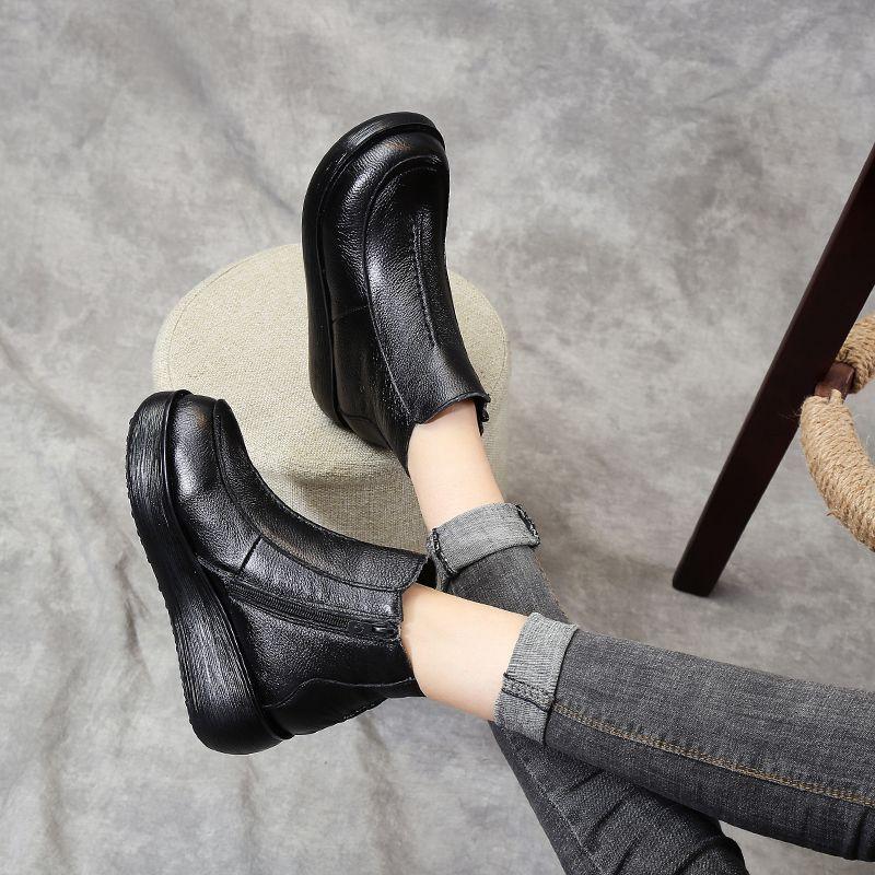 Classic Black Cow Leather Boots Ankle Fur Sneakers Woman Waterproof Platform Rain Boots Round Toe High Heeled Ankle Snow Shoes