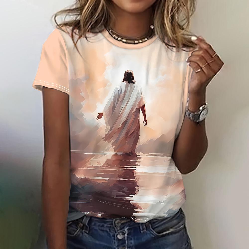 

Women Fashion T-Shirts Jesus 3D Print Short Sleeve Comfort T Shirt Casual Tops Summer Female Jesus O-Neck Loose Oversize T Shirt S