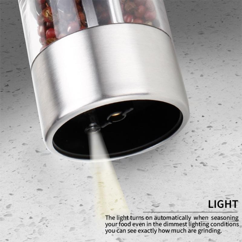 Nerezový mlýnek na pepř a sůl na baterie se světlem - Jednoruční tlačítkový šejkr na koření sůl a pepř