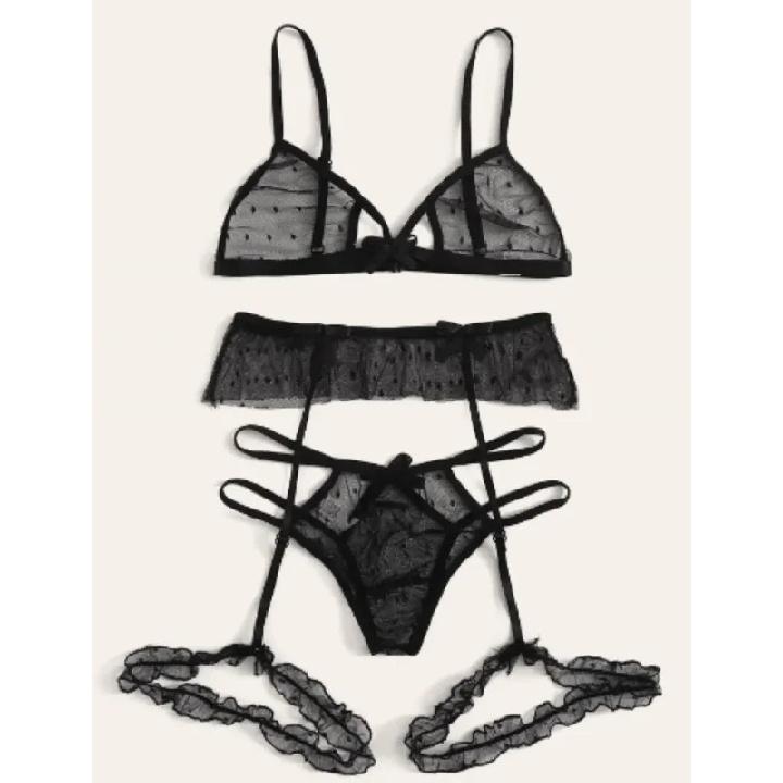 Sexy Bra Set Transparent See Through Bra and Panty Set with Garter Perspective Mesh Lace Lingerie Set Ladies Underwear Set