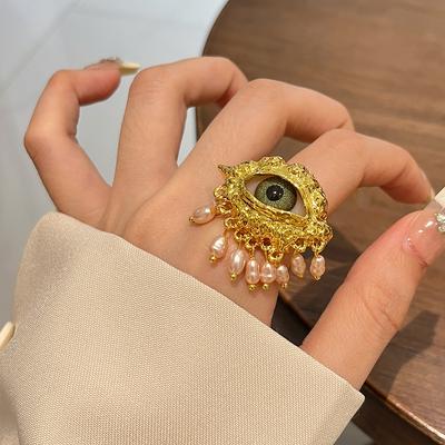 Anillo Estético Vintage Ojo del Diablo Borlas Anillo de Vidrio Perla Imitada Anillo de Dedo Abierto Delicado de Moda Recuerdos de Fiesta