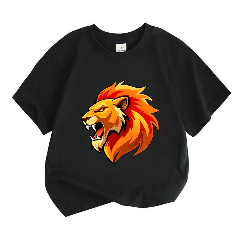 Kids Boys Girls Crew Neck Short Sleeve 100% Cotton T-Shirt, Cool Roaring Fire Lion Head Graphic Casual Soft Summer Tees Tops for Children Daily Wear