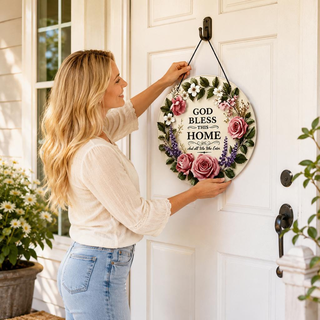 Round Floral Door Sign with Blessing Text Farmhouse Style Hanging Plaque for Home Entryway Porch Indoor Outdoor Decor