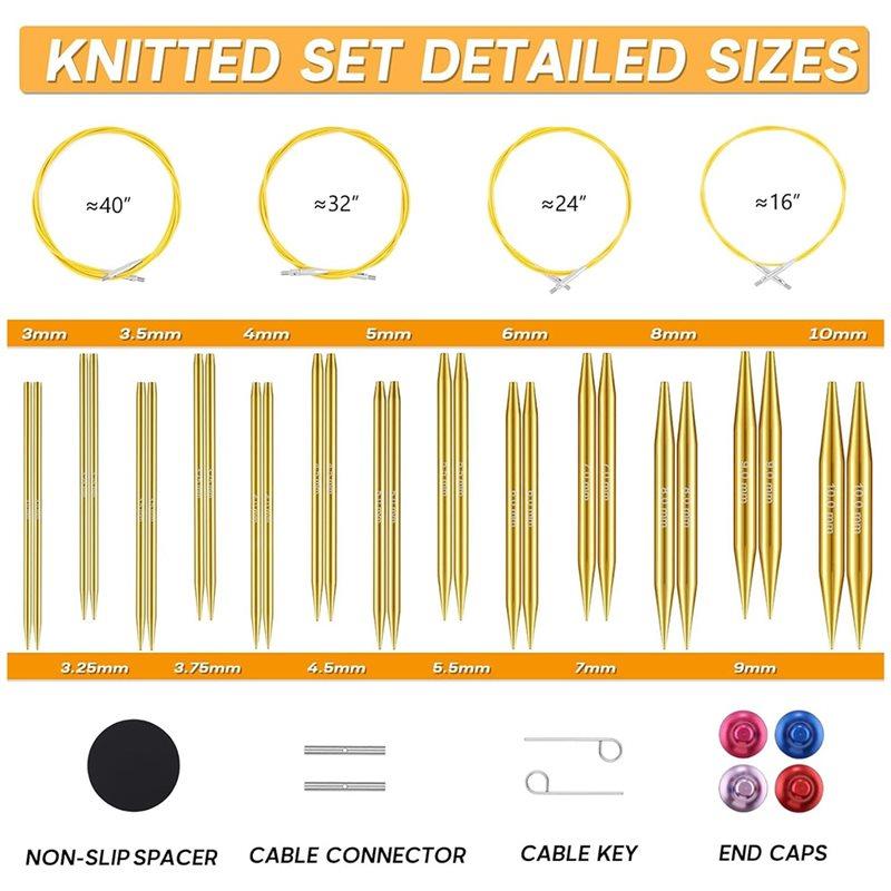A84E-Circular Knitting Needle Set, Interchangeable 13 Pairs(3Mm-10Mm) US 2.5-15 With 16, 24, 32, 40 Inch Cables, Accessories
