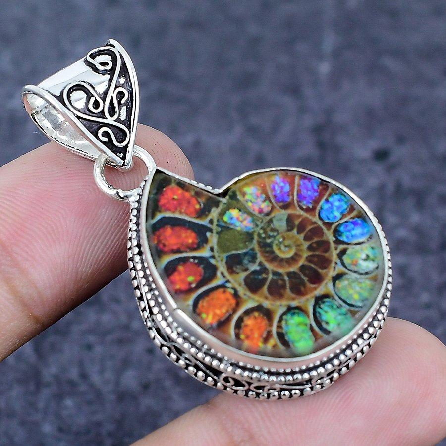 Ammonite Fossil Gemstone Handmade 925 Sterling Silver Jewelry Pendant 1.81" g0b82