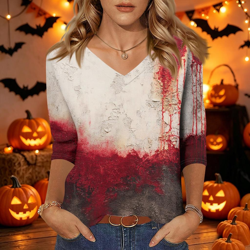 Women's Casual Halloween Printed V Neck Three Quarter Sleeve Top Tie Dye Pumpkin Bat Pattern Lightweight Blouse for Fall