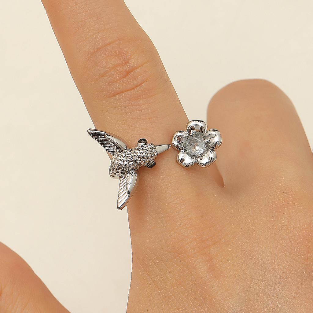 Hummingbird & Flower Open Ring Collection, Gold/Silver Tone Adjustable Gemstone Bird Rings for Women