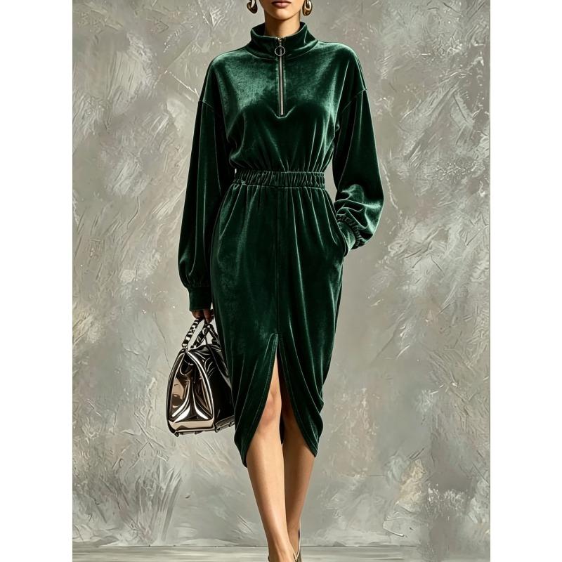 DICFY Women's Fashion Autumn Winter Solid Color Print Long Sleeve O-Neck Casual Dresses