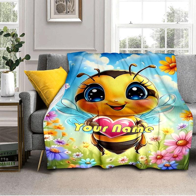 1PC Custom Name Bee Heart Garden flannel blanket versatile, all-season throw suitable for the living room, bedroom, camping, travel, and gift