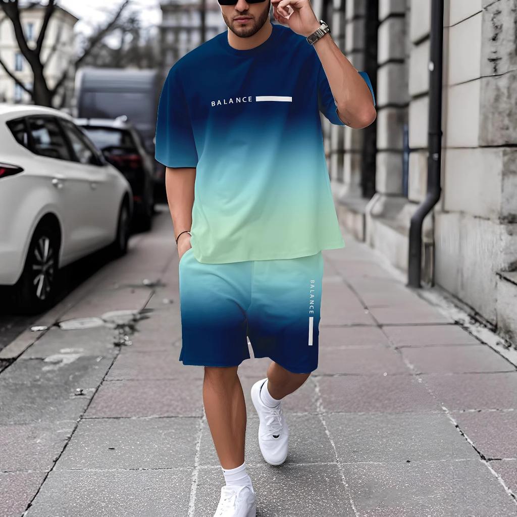 Męski Letni Wygodny Modny Zestaw 2-częściowy Na Wakacje Plażowe Styl Rekreacyjny Sportowy Zestaw z Krótkim Rękawem Luźny Oversize Oddychający Strój Sportowy
