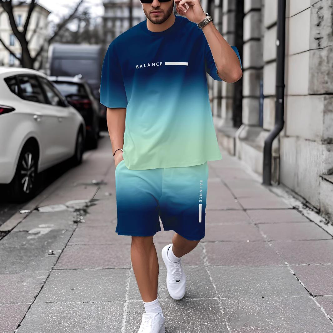 

Men s Summer Comfortable Fashionable 2-piece Set Beach Vacation Leisure Sports Style Short Sleeved Set Loose Oversized Breathable Sports Wear S