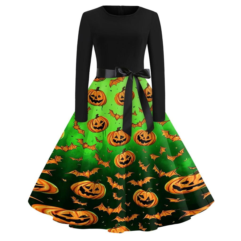 Women's Casual Halloween Print Long Sleeve Round Neck Vintage Style Dress with Waist Tie Belt Comfortable Fit