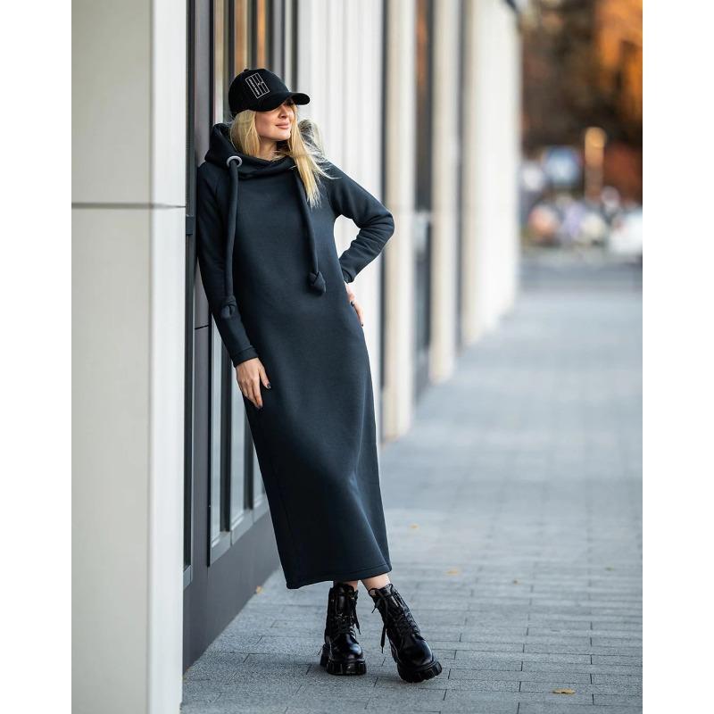 Autumn and Winter New Loose Large Knitted Hooded Long Dress with Velvet Hoodie, Casual Fashion Dress, Splicing Warm Skirt