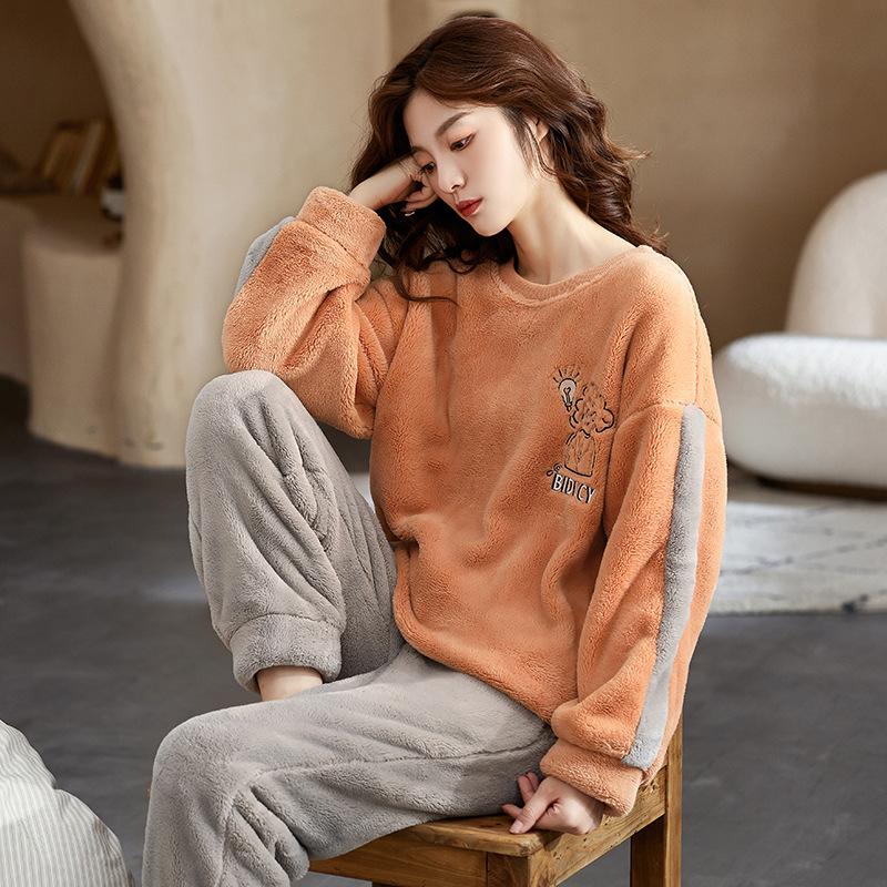 Coral Fleece Pajamas Women'S Autumn And Winter Thickened Fleece Warm Round Neck Pullover Flannel Winter Loungewear Set