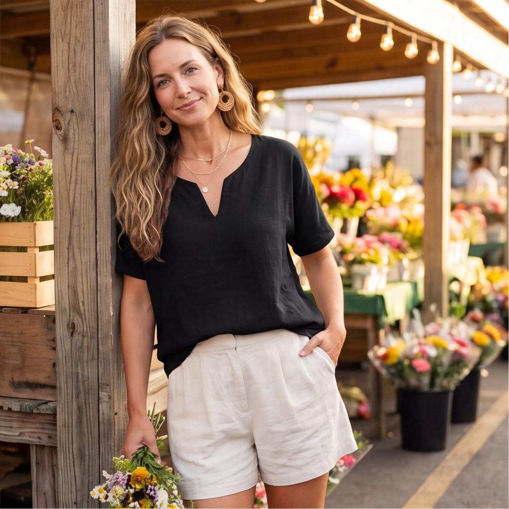 Women's Loose-Fit Fashionable Cotton-Linen -Color V-Neck Casual Top