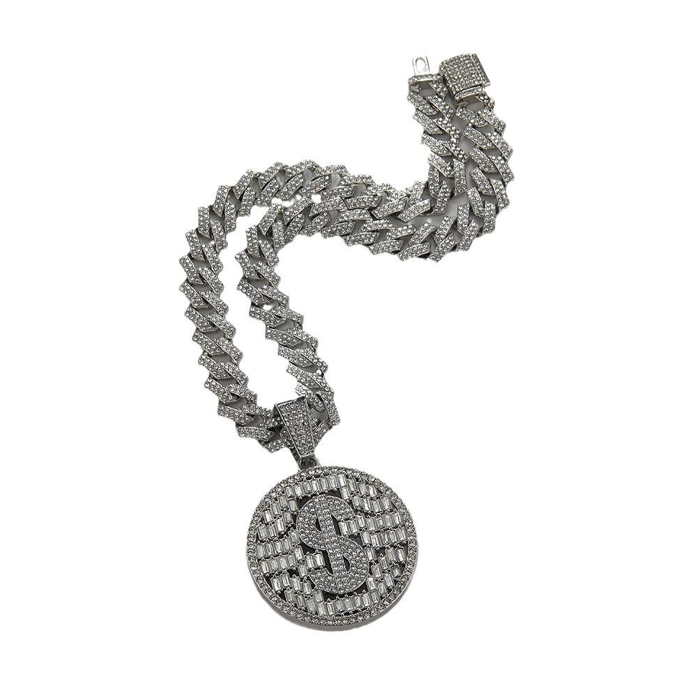 Colgante de Moneda de Dólar con Pedrería Hip Hop con Cadena Cubana Dorada - Accesorio Unisex de Moda