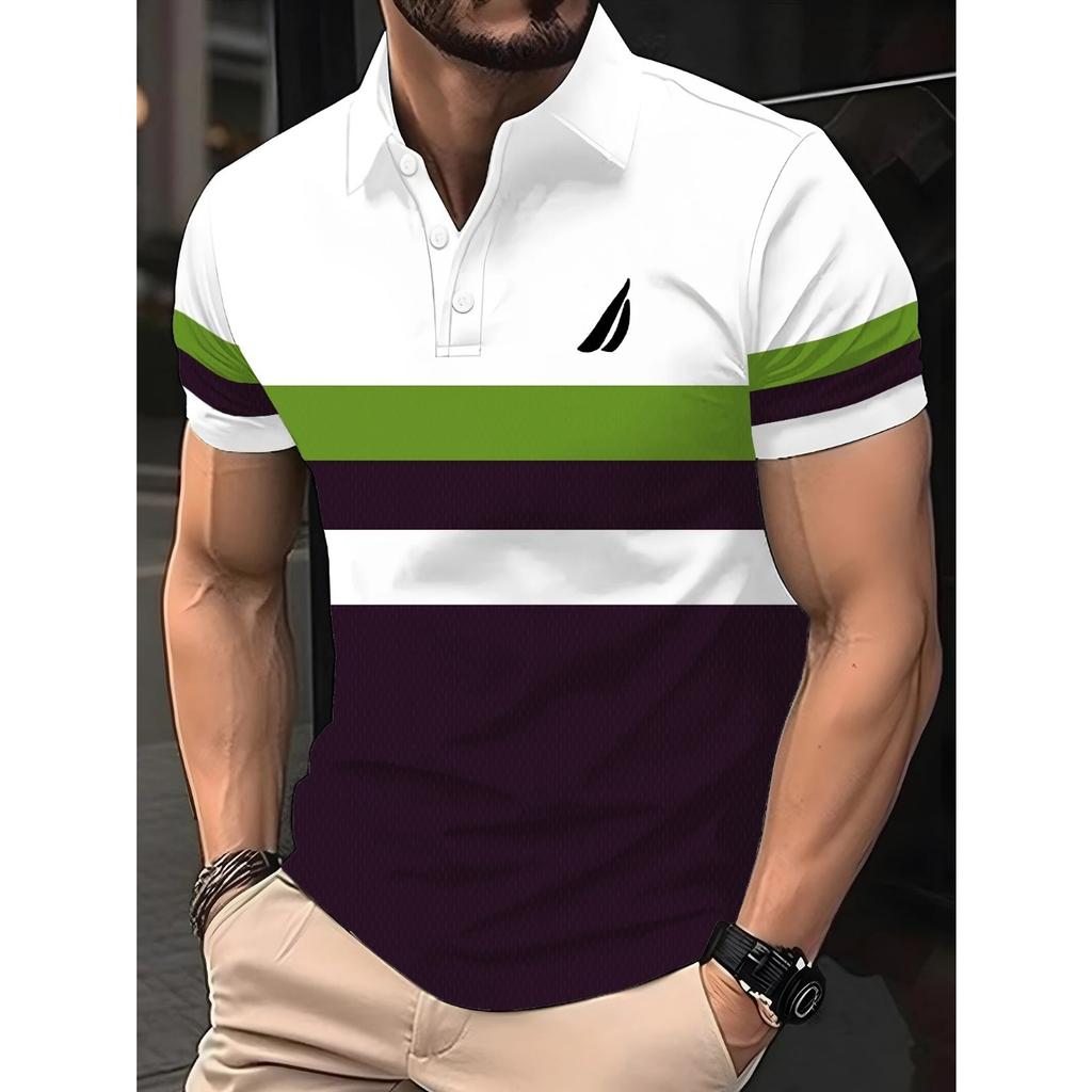 2026 Summer Men's Polo Shirt with Stripes Print Breathable Lightweight Casual Fashionable Outdoor