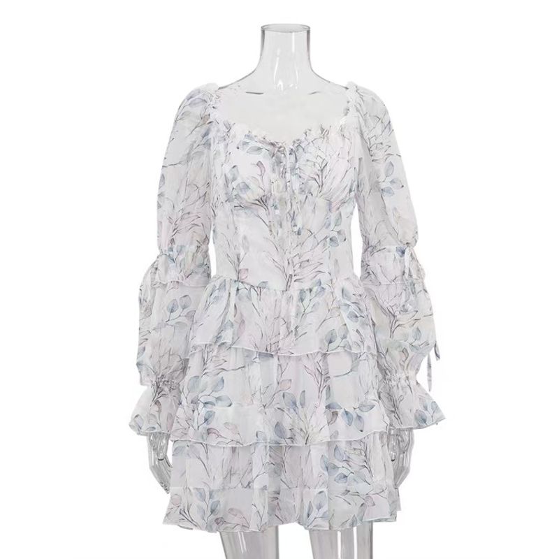 

New Print Elegant Square Collar Dress Long sleeve Lace-up Cake Skirt Printed Square Neck Dres White S