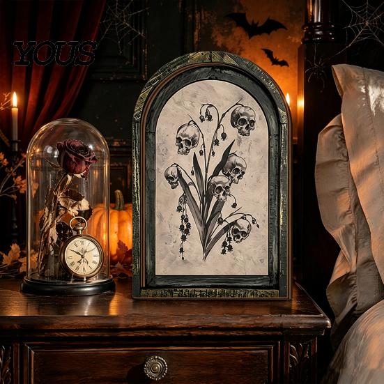 Desktop Halloween Ornament Arched Wooden Wall Decor, Ghost Cat Double-Layer Hanging Ornament, Distressed Gothic Dark Floral Art Tabletop Decor Plaque,