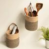 Hanging Cotton Rope Storage Basket Boho Woven Wall Basket with Leather Handle for Plants Towels Toys Rustic Home Decor Organizer