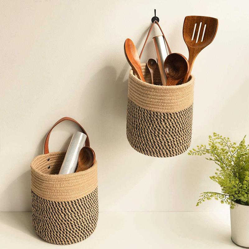 Hanging Cotton Rope Storage Basket Boho Woven Wall Basket with Leather Handle for Plants Towels Toys Rustic Home Decor Organizer