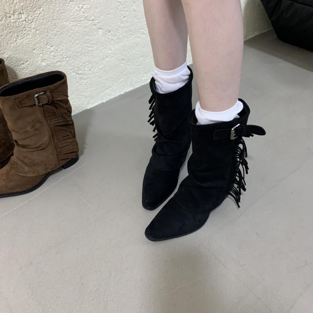 2025 autumn and winter new round head thick heel fringed Spice Girls nightclub Martin short boots versatile belt buckle thin boots