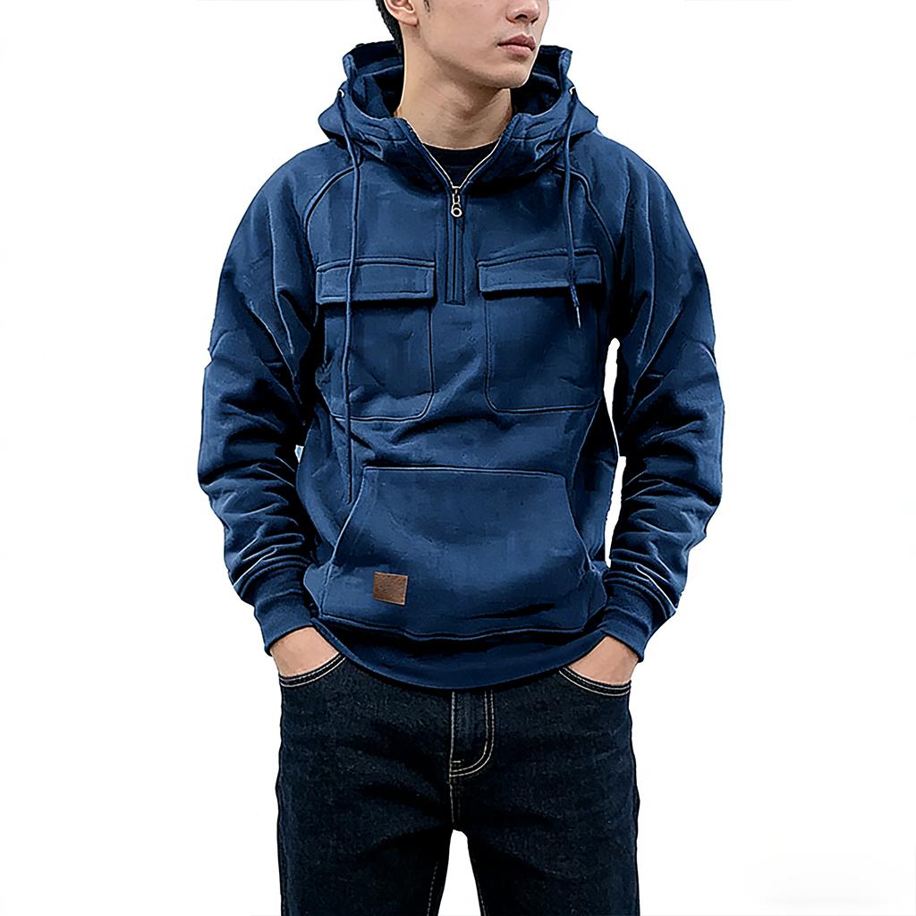 Loose Multi-pocket Solid Hooded Warm Thick Men's Hoodie New Fashion Color Long-sleeved Winter Casual Sweatshirt