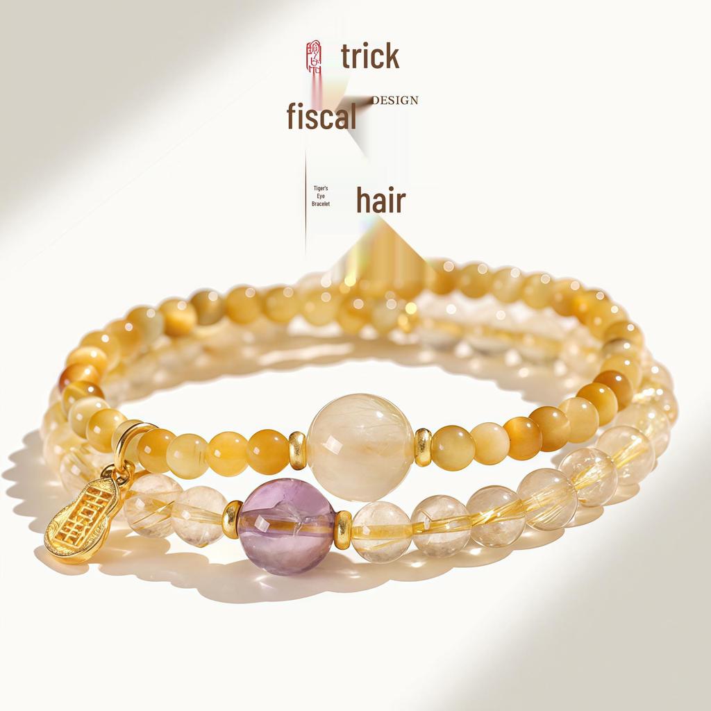 Gelber Rutilquarz & Amethyst Reichtum Anziehungs Armband - Goldenes Tigerauge, Glücksverstärkender Kristall Schmuck für Frauen