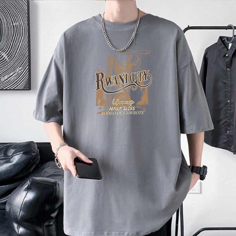 Cowboy Pattern Men's 100% Cotton T-Shirt Drop Shoulder Oversized Tee Hip Hop Style
