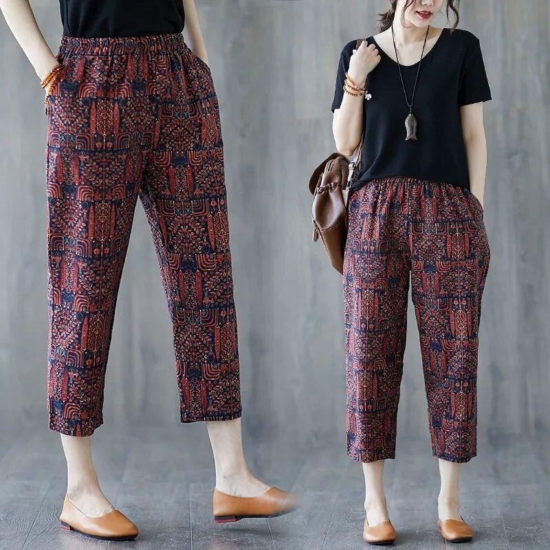 

Женские летние хлопчатобумажные и льняные набивные брюки-шаровары большого размера с цветочным принтом и прямыми штанинами, элегантные брюки 2XL кирпич красный
