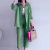 2024 European & American Women's Summer Crinkle Long Sleeve Shirt & High Waist Wide Leg Pants Set