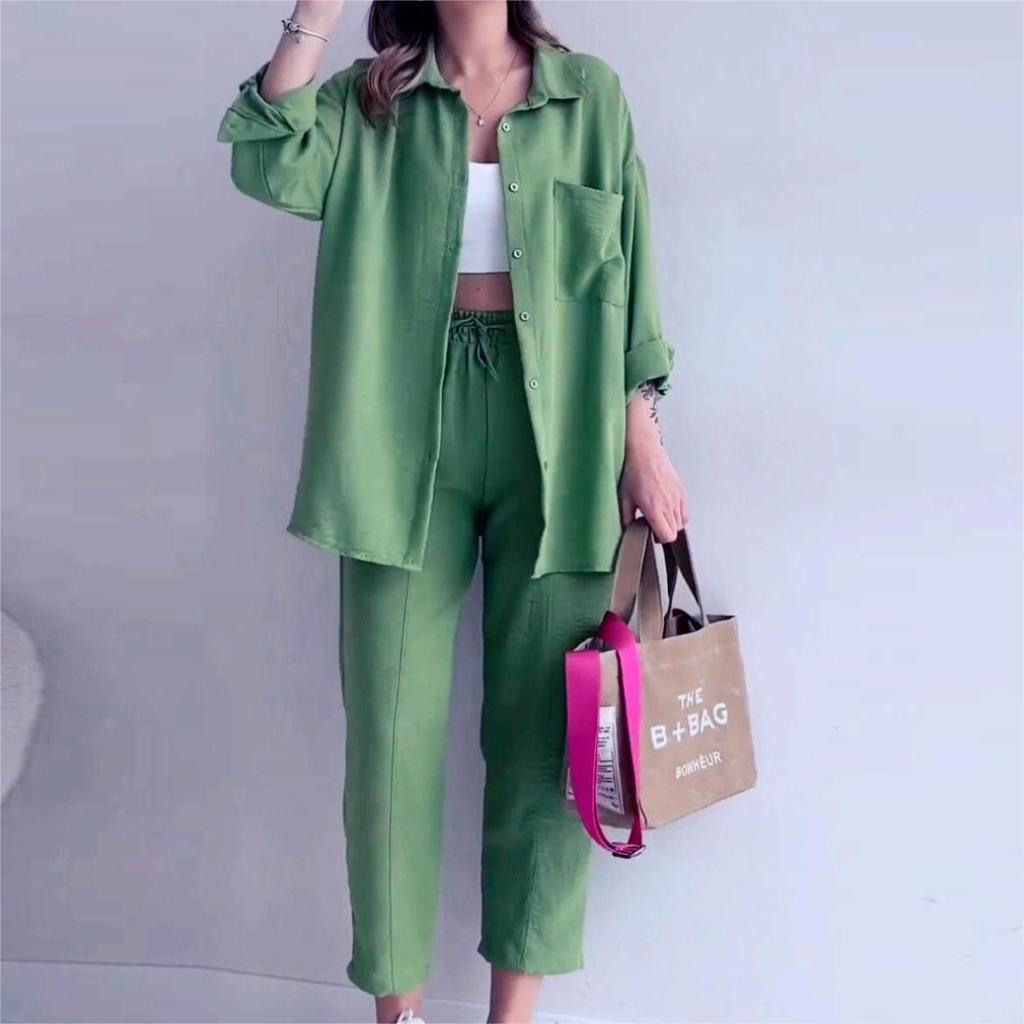 2024 European & American Women's Summer Crinkle Long Sleeve Shirt & High Waist Wide Leg Pants Set