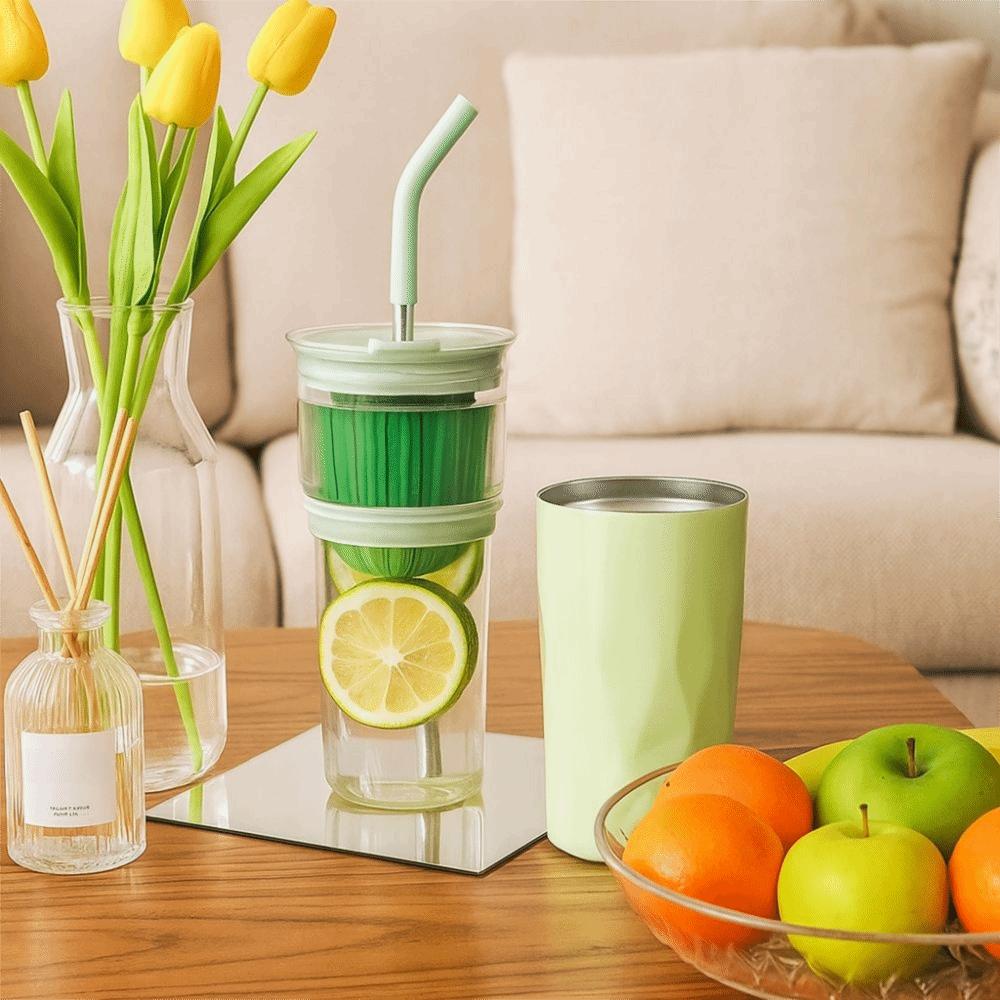 2 Layer 2 in1 Cooling Storage Glass 650ML Vacuum Mug Portable Straw Cup  Drinkware
