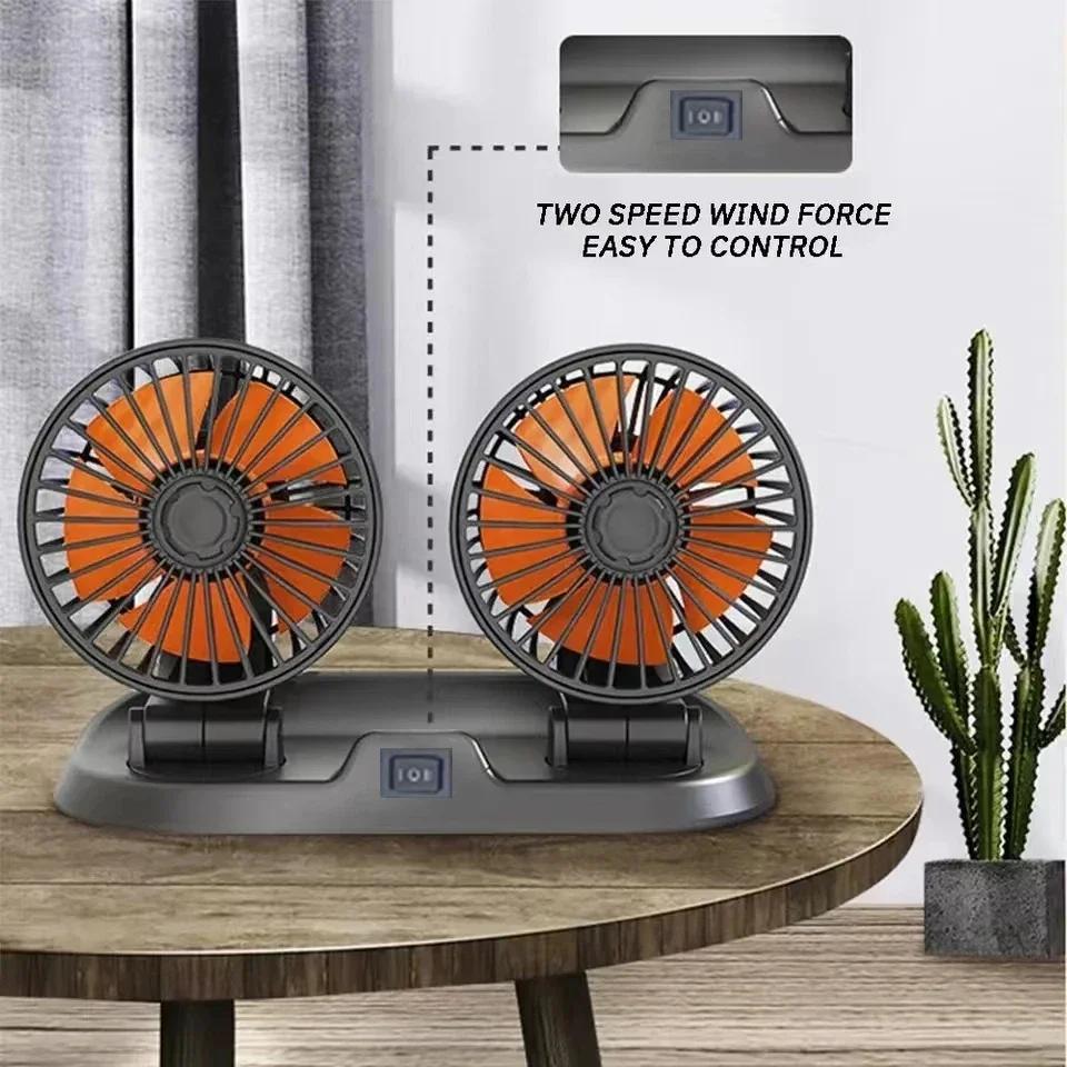 Multi-Voltage Car Fan | Dual Head USB Cooler | 2-Speed Adjustable | Auto Air Ventilation | 5V/12V/24V Compatible