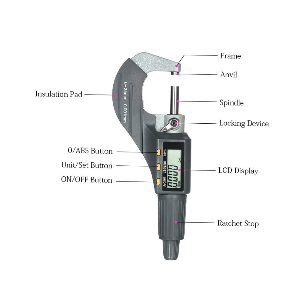 Digital Micrometer 0-25mm Electronic Digital Outside Micrometer 0.001mm High Precision Depth Micrometer Micro Caliper ABS