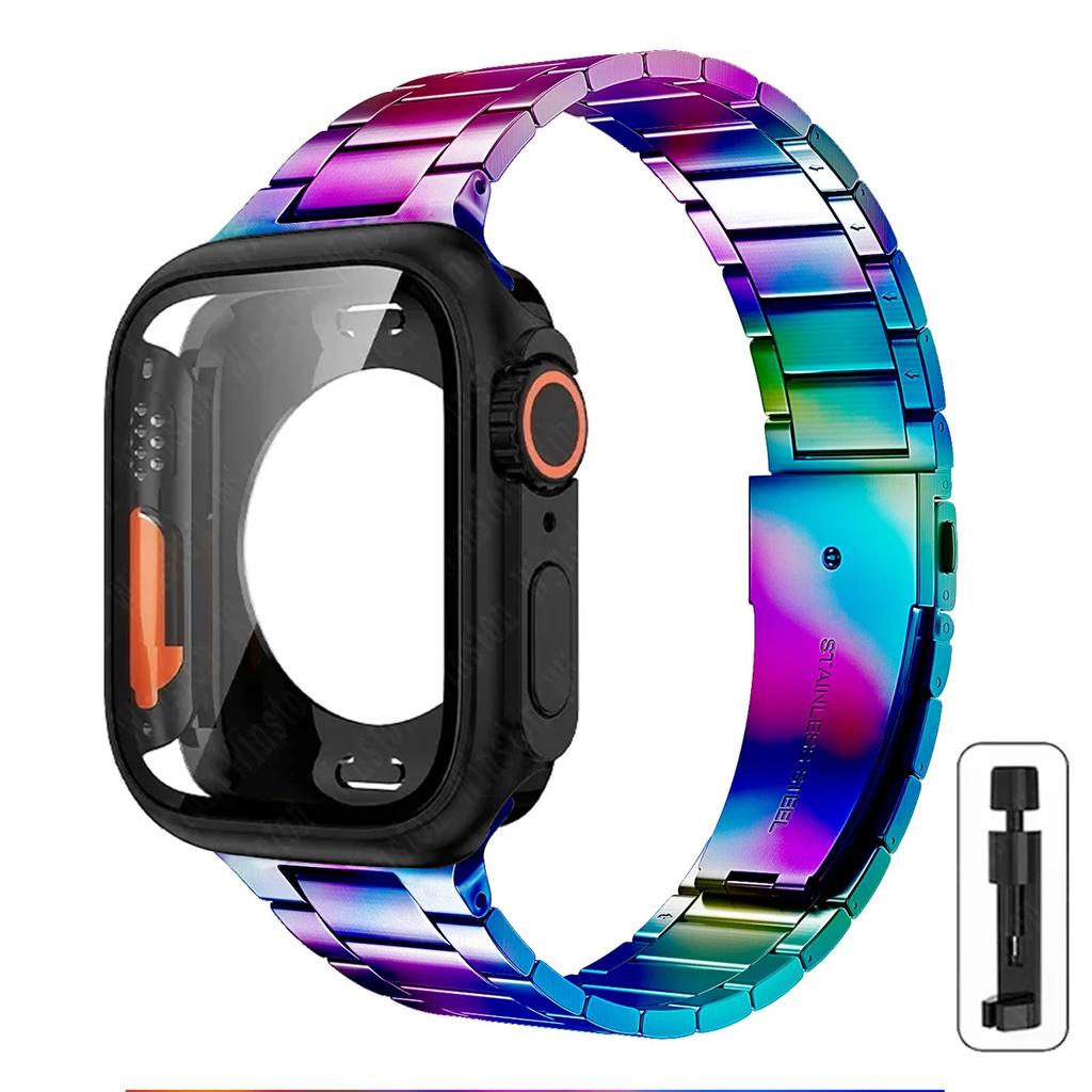 Strap+Case for Apple Watch Band 46mm 42mm 45 41 40 44mm Stainless Steel Bracelet  PC Cover for Iwatch Series11 10 9 8 7 6 SE 5 4