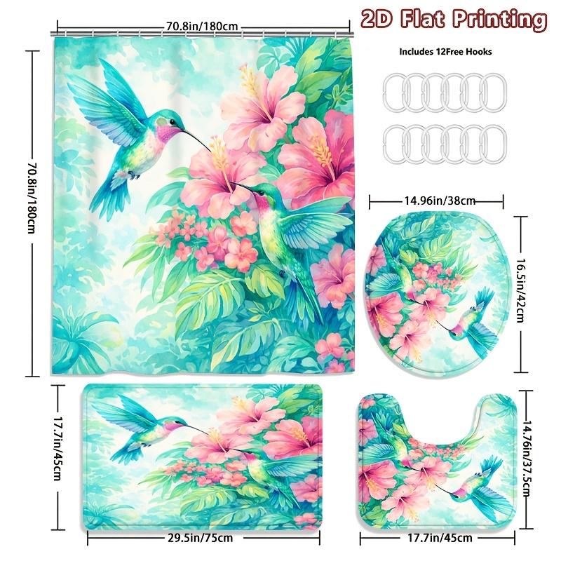 4Pcs Hummingbird And Shower Curtain Set with Non-Slip Bath Mat, Toilet Lid Cover, Contour Rug & 12 Hooks, Bathroom Decor
