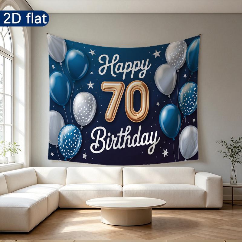 Blue 70th Balloon Birthday Backdrop 1pc - Polyester Banner