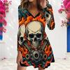 Women Plus Size V Neck Long Sleeve Cat Printed Grey Checkerboard A Line Dress
