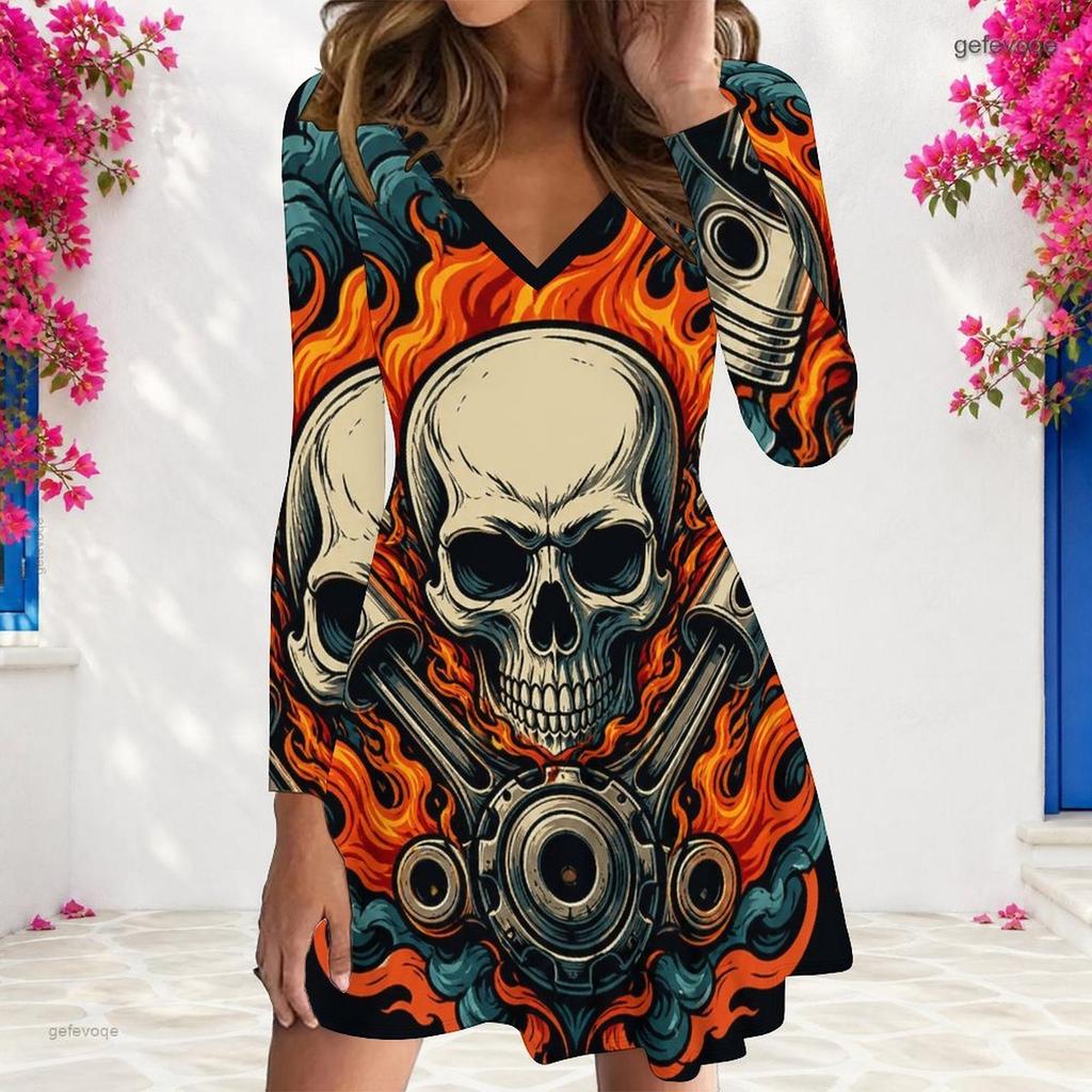 Women Plus Size V Neck Long Sleeve Cat Printed Grey Checkerboard A Line Dress