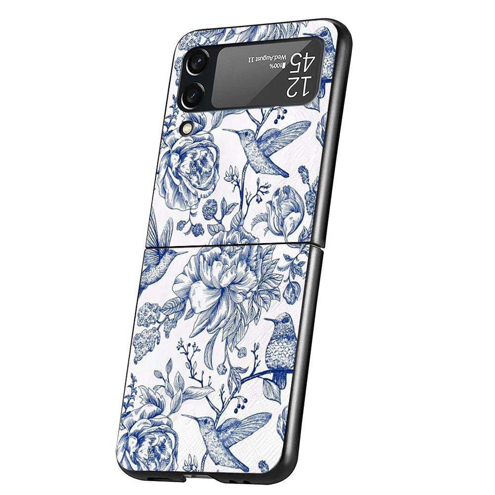 Blue And White Porcelain Case Phone Cover for Samsung Galaxy Z Flip 7 6 5 4 3 5G ZFlip7 ZFlip6 ZFlip5 ZFlip4 ZFlip3 Black Fundas