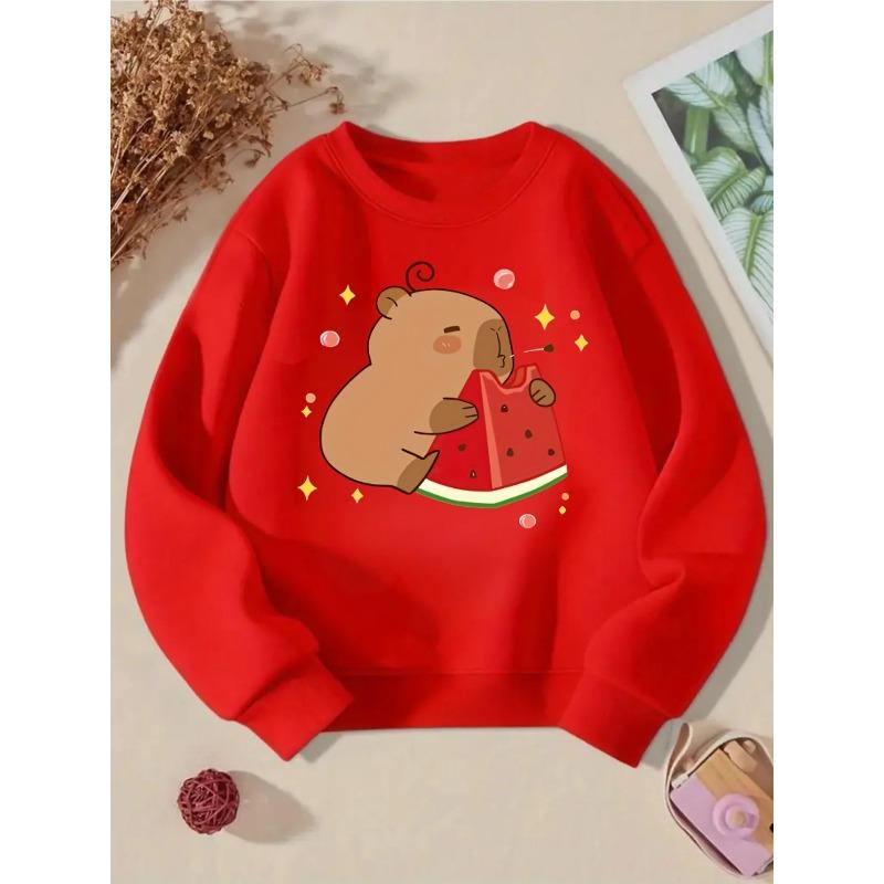 Adorable Hamster Munching on Watermelon, Trendy Crewneck Sweatshirt for Girls, Suitable for Autumn And Winter, Long-Sleeved T-Shirt