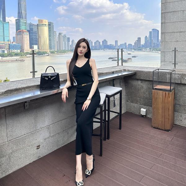 

Женское французское преппи черное платье без рукавов с круглым вырезом, облегающего кроя - Весна/Лето Новинка One Size [Premium Version] чёрный