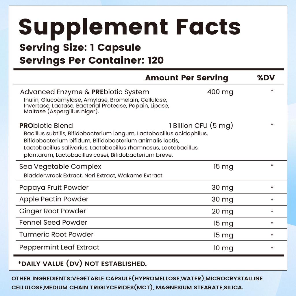 Complex Enzyme Digestive Supplement, Containing Probiotics and Prebiotics, Promotes Gut Health, Relieves Bloating, Suitable for Both Men and Women.